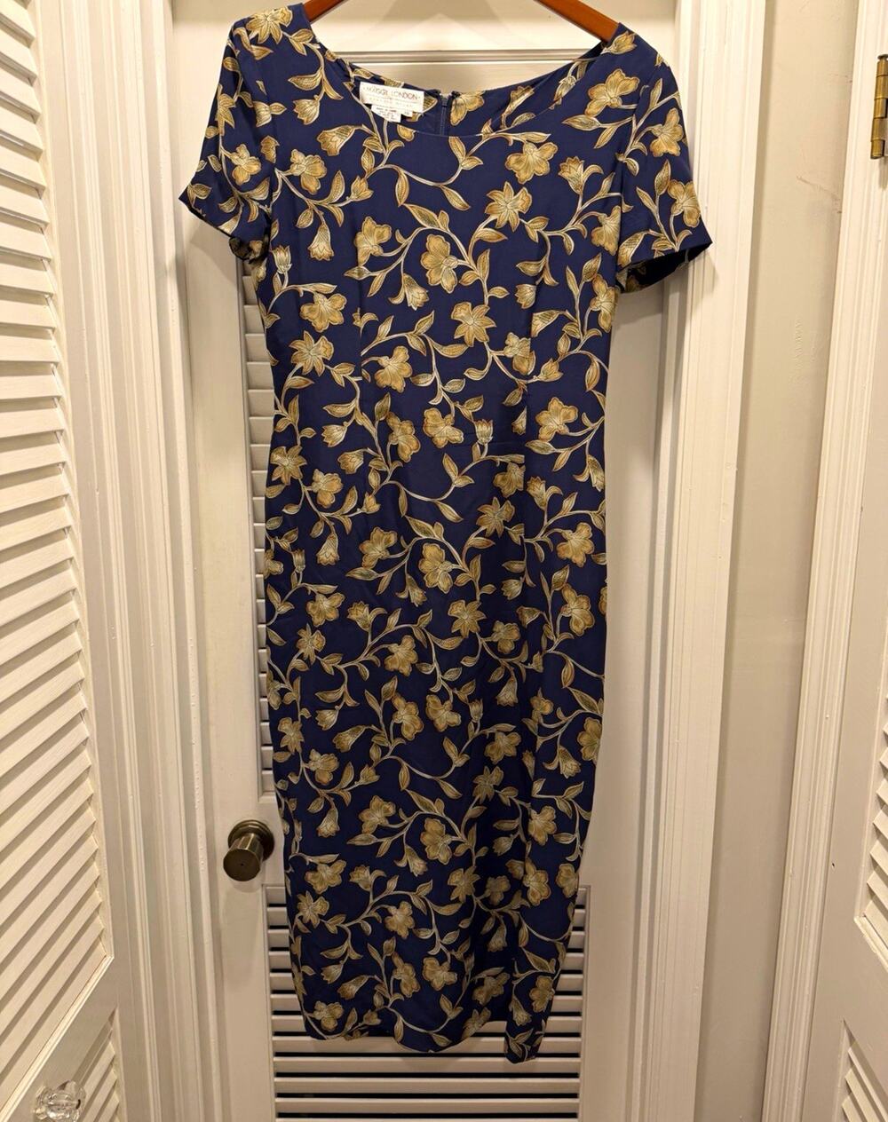 Maggy London Silk Blue Beige Floral Sheath Midi Dress Scoop Neck Size 10
